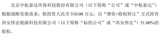 中航泰达拟投资510万以“增资+股权转让”方式持有西安伟宏51%的股权(图1)